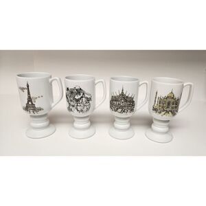 Kaysons International Pedestal Coffee Mugs Lot Of 4 Vtg 1965 Historical Landmark
